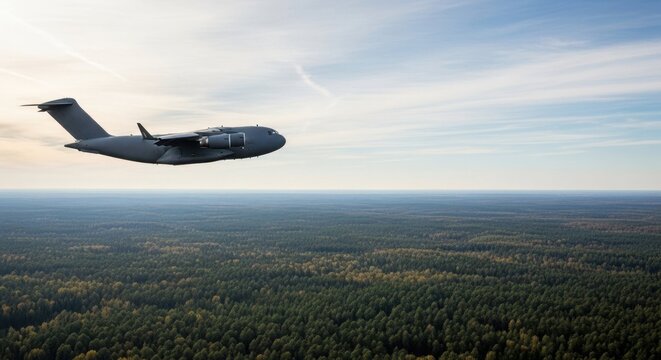 Military cargo aircraft flying over autumn forest, strategic aerial transport in clear sky with copy space
