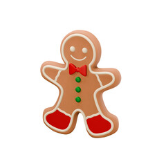 Christmas Gingerbread Man 3D icon with red boots and bow tie on a transparent background.