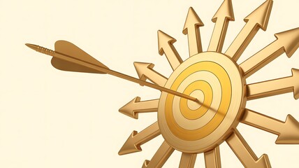 Bullseye Precision Arrow Hitting Target Amidst Concentric Rings and Golden Arrows