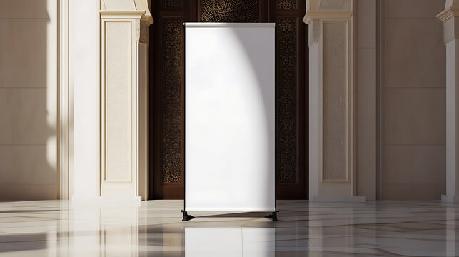 A white roll-up banner stands centered in a grand hall with marble floors and detailed architectural elements, bathed in soft light. A tranquil display ready for any announcement.