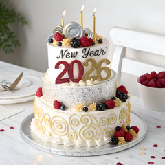 Festive New Year 2023 Tiered Cake with Lit Candles