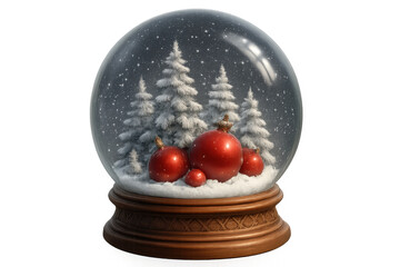Christmas snow globe showing winter forest scene with decorative red baubles and falling snow, transparent background