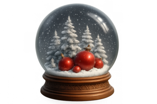 Christmas snow globe showing winter forest scene with decorative red baubles and falling snow, transparent background