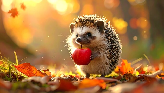 Adorable hedgehog enjoying an apple in the autumn leaves. - Powered by Adobe