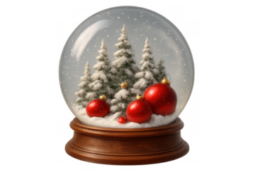 Snow globe creating a festive winter wonderland with falling snow, fir trees, and red christmas ornaments