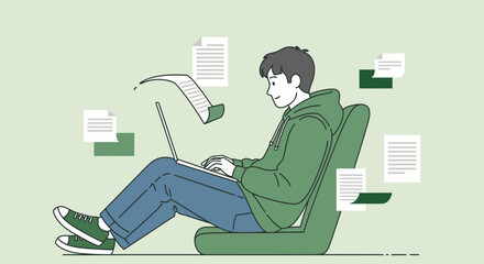 Young Professional Working On Laptop, Surrounded By Documents, Green Tones And Illustrations