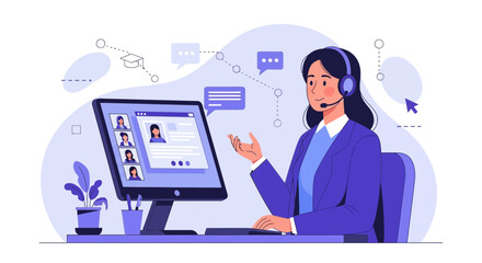 Woman In Video Call At Her Desk Communicates And Works Remotely With Others.