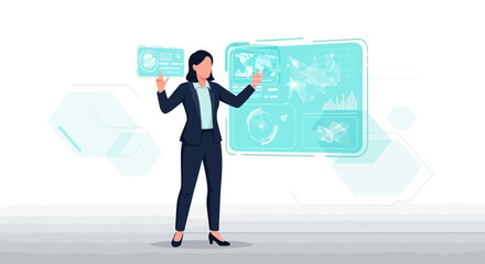Woman Interacting With Futuristic Technology Representing Data Analysis And Global Connectivity