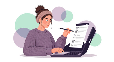 Woman Makes Checklist on Laptop Screen, Prioritizing Tasks and Planning Successfully