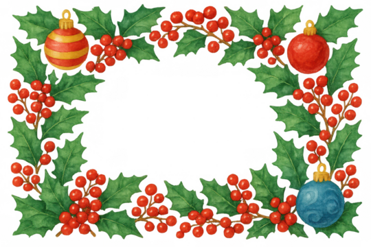 Christmas holly and berry watercolor frame with ornaments, creating a festive holiday border element on transparent background - Powered by Adobe