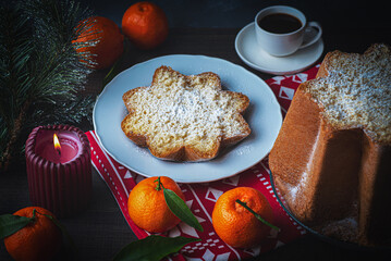 Pandoro star, Christmas Venetian sweet bread in powdered sugar, the symbol of the snow-capped Alpine peaks. Christmas and New Year Italian holidays sweets
