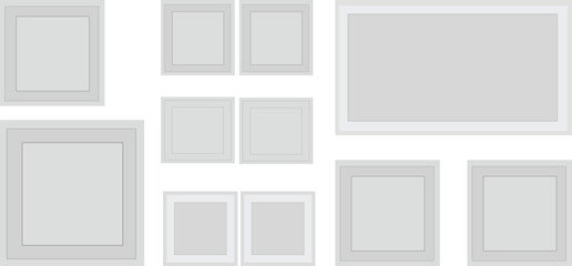 Realistic empty photo card frame, film set. Retro vintage photograph with transparent adhesive tape and paper clip. Digital snapshot image. Template or mockup for design. Vector illustration.