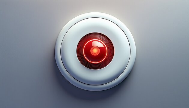 a white geometric button device is mounted on a wall with a small red indicator at its center concept minimalistic design technology with a futuristic feel