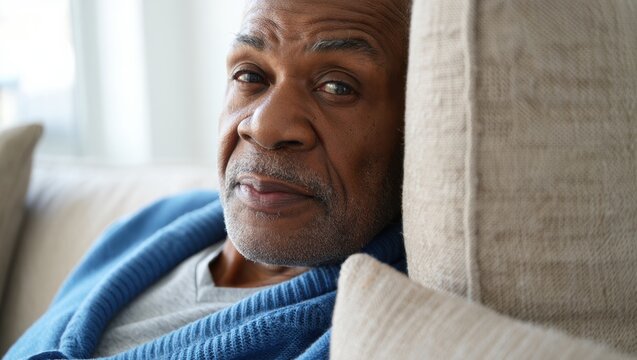 Thoughtful senior man relaxing on a couch, showcasing a calm expression