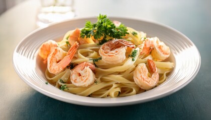 pasta dish topped with shrimp and garnished with herbs on a white plate creamy seafood pasta