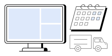 Monitor with interface, calendar, and delivery truck representing digital scheduling, logistics, e-commerce, planning, and task management. Ideal for time management, shipping online services