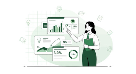 Woman Presenting Data Analysis and Statistics With Charts and Graphs for Business