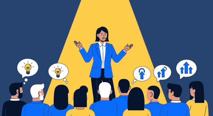 Woman Presenting Ideas To An Audience Under A Spotlight With Thought Bubbles