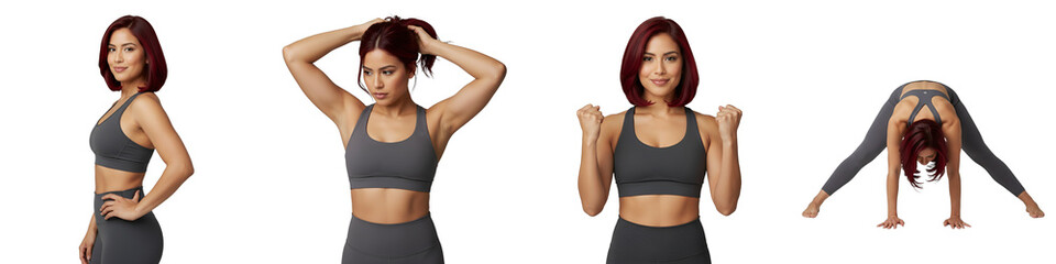 Cutout of 25-year-old female yoga trainers in diverse poses and expressions, isolated on transparent background. Perfect for fitness branding, wellness programs, health campaigns, gym promotions,