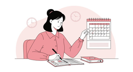 Woman Scheduling Appointments, Planning, and Referring Dates Using a Calendar and Diary