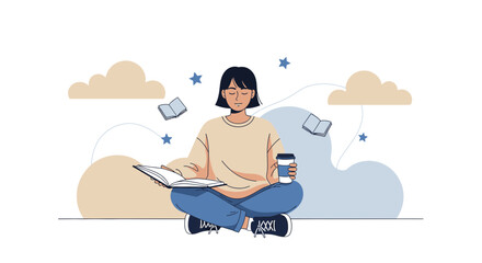Woman Seated, Reading Book, With Coffee Cup and Thought Bubbles Creating Ambiance