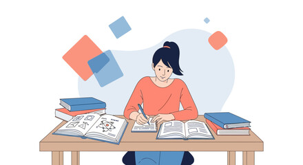 Woman Studying Diligently At A Desk Surrounded By Books and Taking Notes