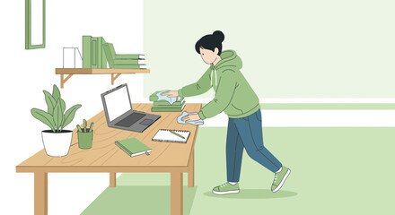 Woman Tidying And Sanitizing Office Space Depicting Hygiene And Organization