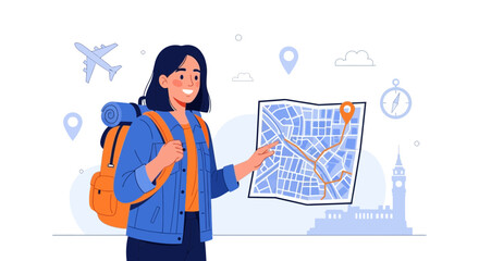 Woman Traveler Planning Trip With Map, Airplane, Backpack, and Compass in Illustration