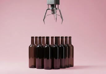 Digital Art: A Shiny Robotic Claw Poised Over a Uniform Row of Bottles.