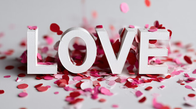 LOVE crafted from cut paper letters, delicate drop shadow, white background, abstract pink and red confetti, 90s VHS aesthetic - Powered by Adobe