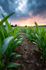 Obraz premium Close Up, Field of corn under a dramatic sunset sky