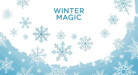 Winter magic background with snowflakes falling on a light blue gradient scene