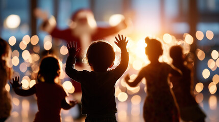 Warm defocused scene showing silhouettes of children dancing while faceless Santa waves hands to the rhythm of Christmas music, with copy space.