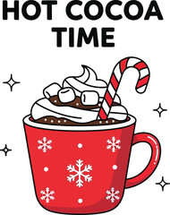Festive hot cocoa with marshmallows and candy cane for a cozy winter holiday