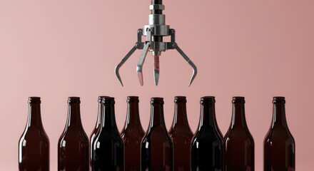 Factory Automation: Robotic Claw Suspended Over a Production Line of Bottles.