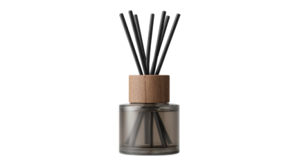 Elegant diffuser with black reeds in a glass container, adding a sophisticated aroma to any room on a transparent background.