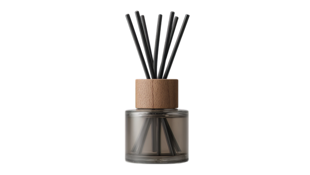 Elegant diffuser with black reeds in a glass container, adding a sophisticated aroma to any room on a transparent background.