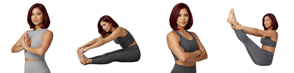 Cutout of a 25-year-old female yoga trainer with red bob hair in various poses (prayer hands, toe touch, arms crossed, Boat Pose), isolated on a transparent background.