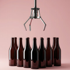 Industrial Concept: Robotic Arm Over Brown Bottles Representing Production.