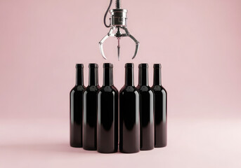 Robotic Claw Hovering Above a Row of Empty Glass Bottles on Pink.