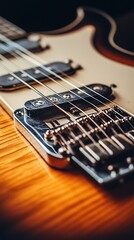 Obraz premium Close up detailed view of a polished electric guitar bridge and strings with a warm wooden body texture