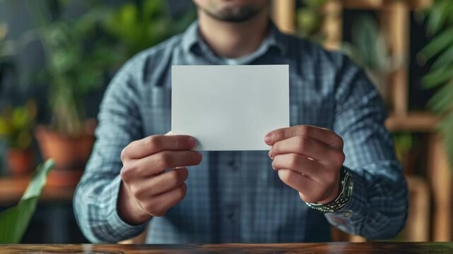 Man holding a blank card in a cozy setting with plants and wooden decor in the background during daylight hours