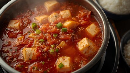 A realistic image of kimchi jjigae (kimchi stew), simmering in a hot pot with chunks of tofu, tender pork belly, and vibrant, spicy kimchi.