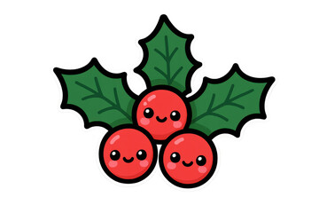Naklejka premium Kawaii holly berries with leaves, cute smiling christmas plant decoration illustration on transparent background