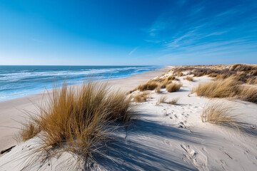 Ocean coast with sandy dunes and blue sky