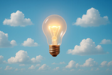 Creative Idea Concept – Glowing Light Bulb Floating in Blue Sky