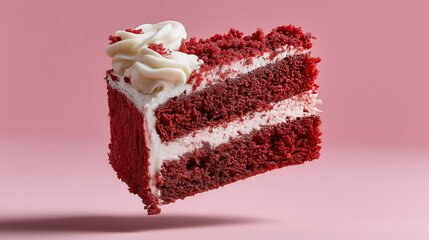 Red velvet cake slice floating with creamy frosting, vibrant red color, and soft texture, isolated on pink background, creating dreamy and delicious dessert mood