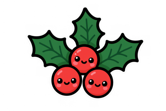 Kawaii holly berries with leaves, cute smiling christmas plant decoration illustration on transparent background
