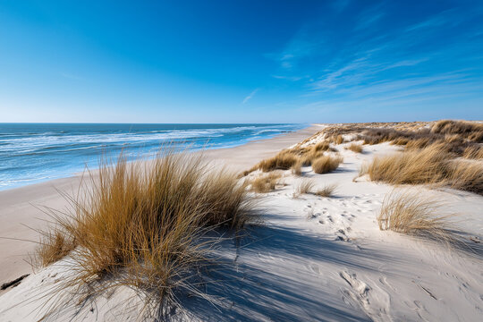Ocean coast with sandy dunes and blue sky