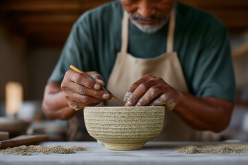 Potter skilled hands shape bowl with focused care, radiating artistry and tradition